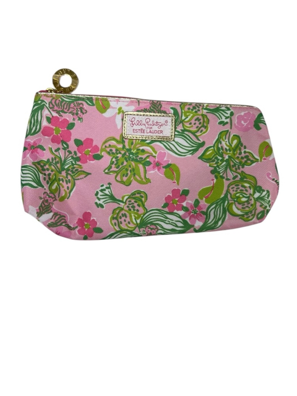 Lilly Pulitzer Pink Floral Cosmetic Pouch with Green Leaves